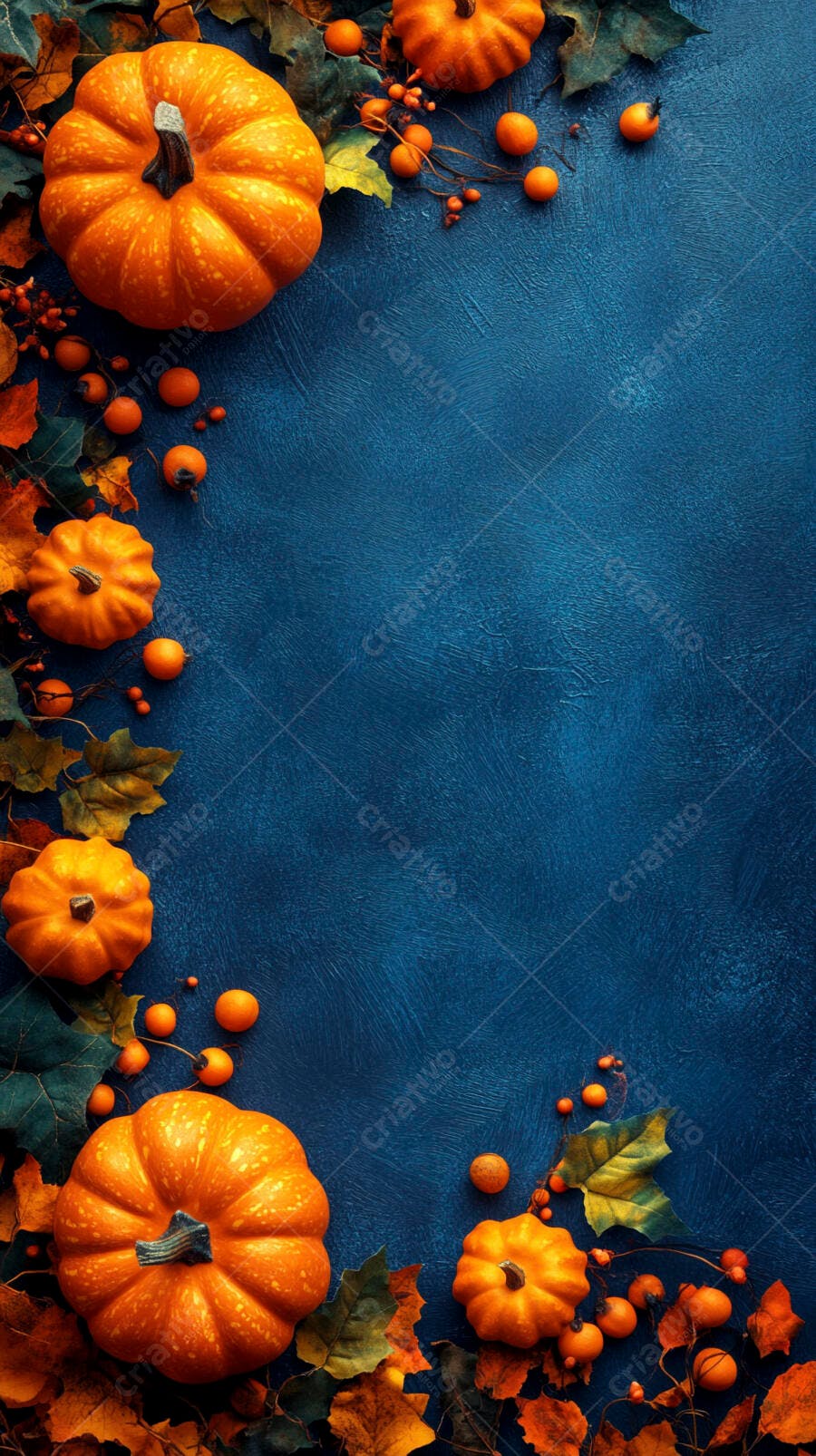 Foto Abóboras e Folhas de Outono Fundo Azul Escuro