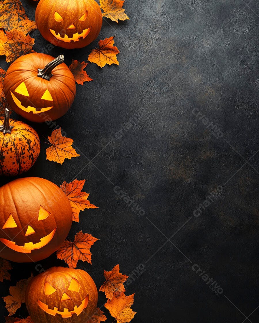 Foto Abóboras Halloween Iluminadas Folhas Outono Fundo Escuro