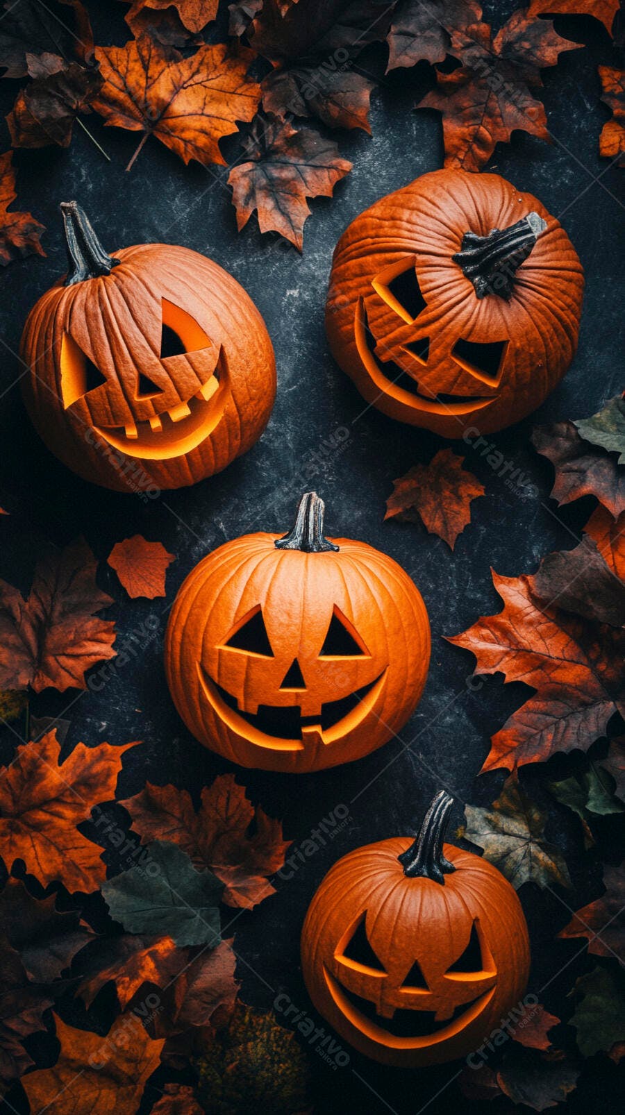 Foto Abóboras Halloween Entalhadas Folhas Outono Escuro