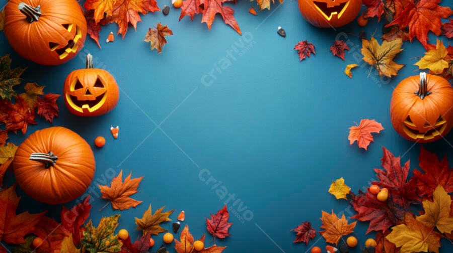 Foto Halloween Abóboras Folhas Outono Fundo Azul Espaço Texto