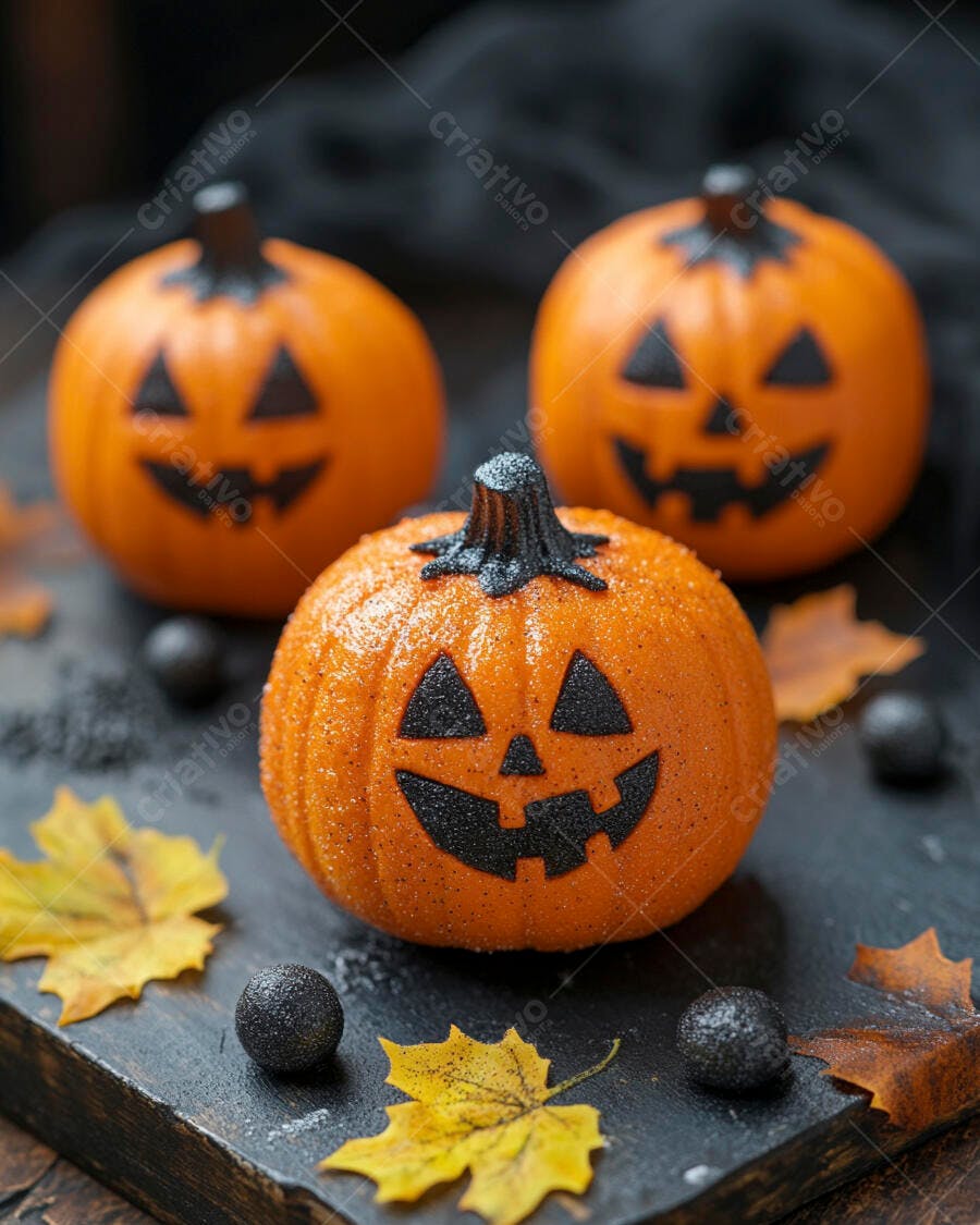 Foto Abóboras de Halloween Decoradas com Folhas Outono