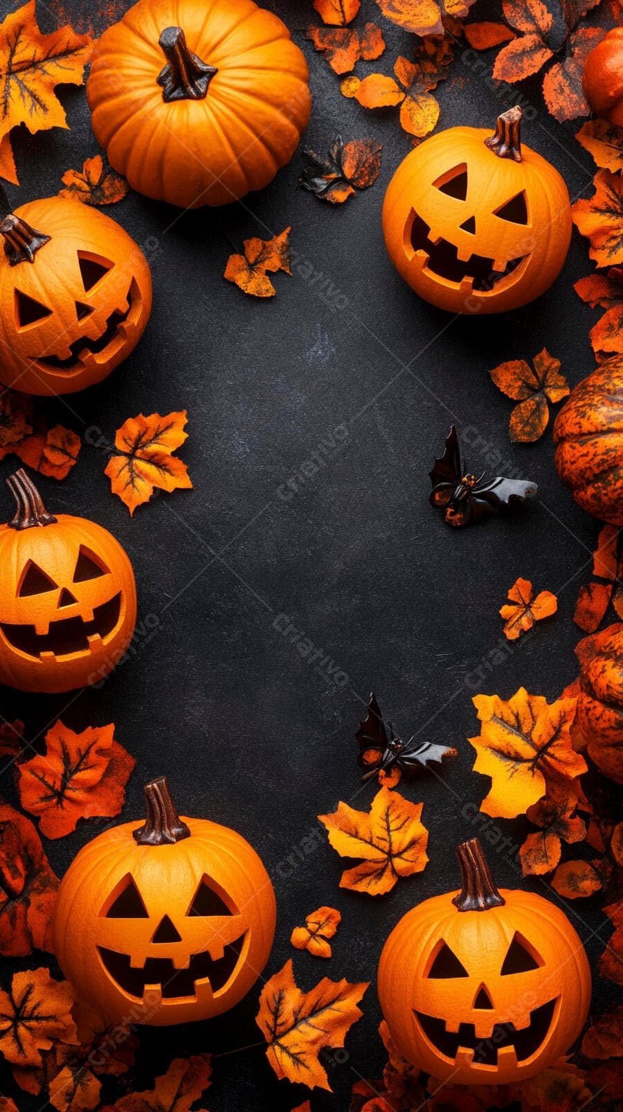 Foto Abóboras Halloween Folhas Outono Fundo Escuro