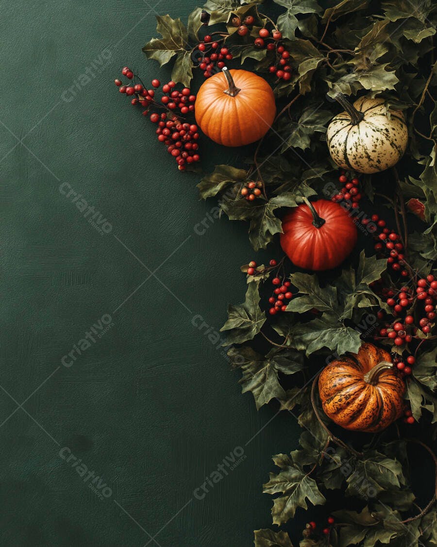 Foto Abóboras e Bagas de Outono Fundo Verde Escuro Flat Lay