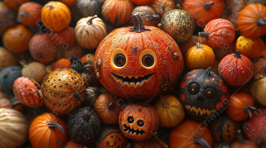 Foto Abóboras de Halloween Carvadas com Rostos Assustadores
