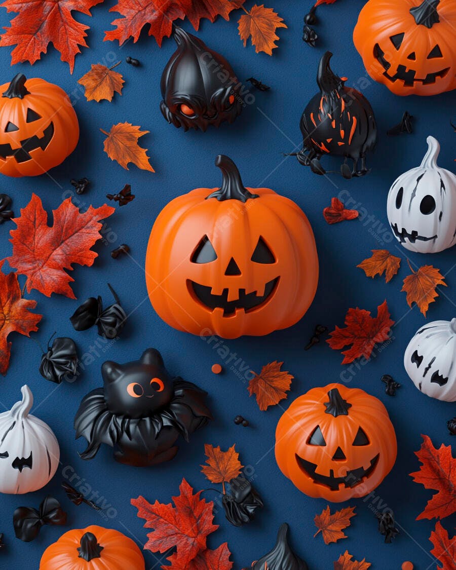 Foto Halloween Abóboras Jack-o'-lantern e Folhas Outono