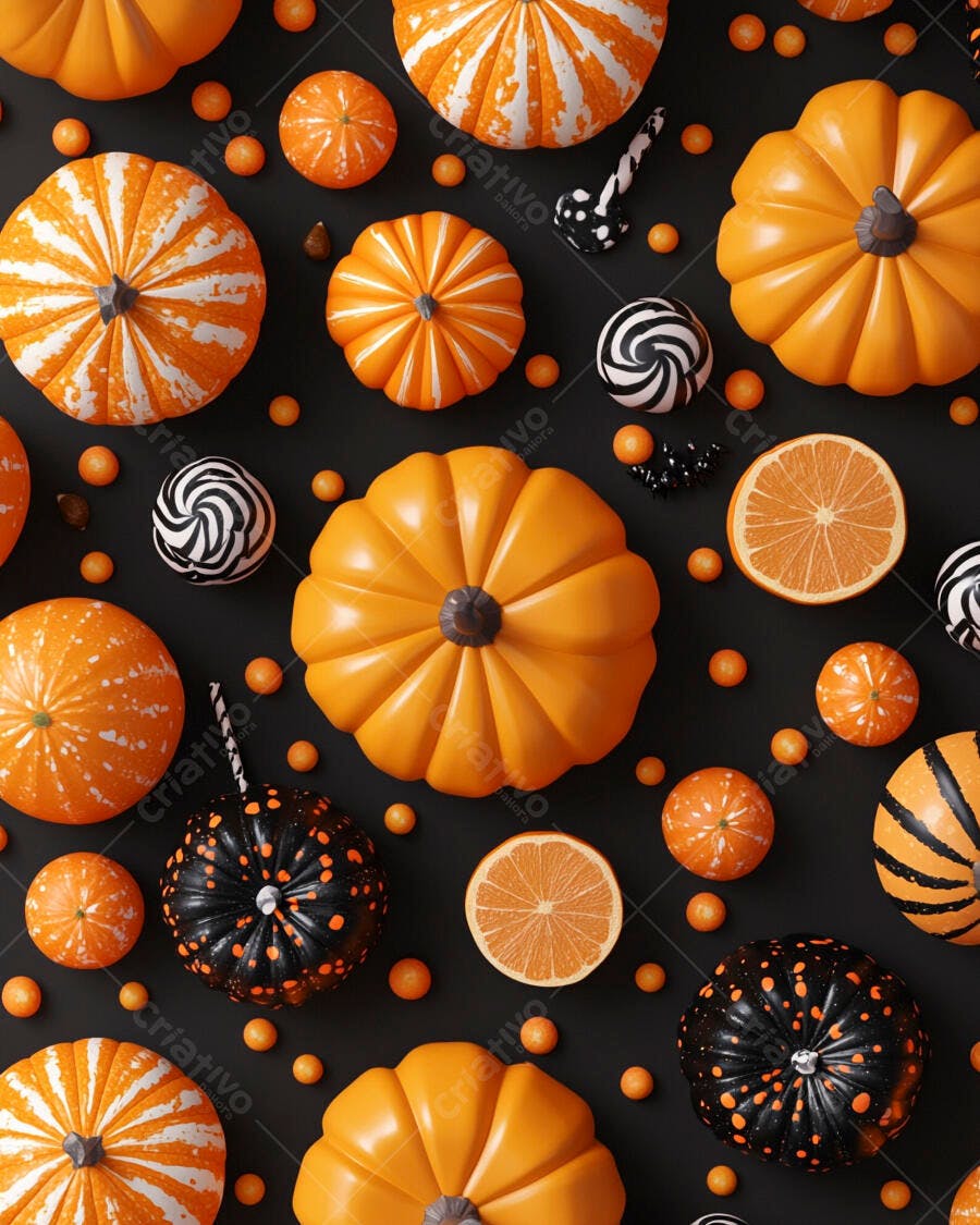 Foto Flat Lay Abóboras Halloween Laranjas e Pretas Fundo Escuro