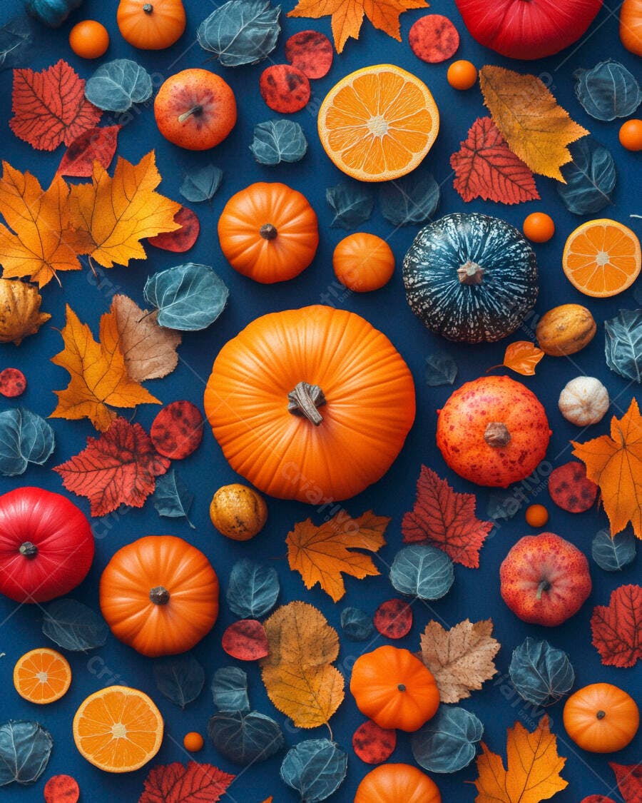 Foto Abóboras Folhas Laranjas Outono Fundo Azul Escuro