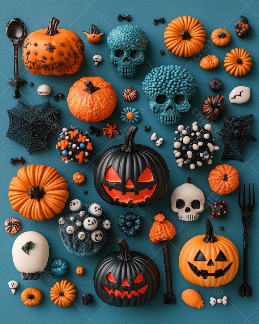 Foto Halloween Abóboras Caveiras Doces Fundo Azul Escuro