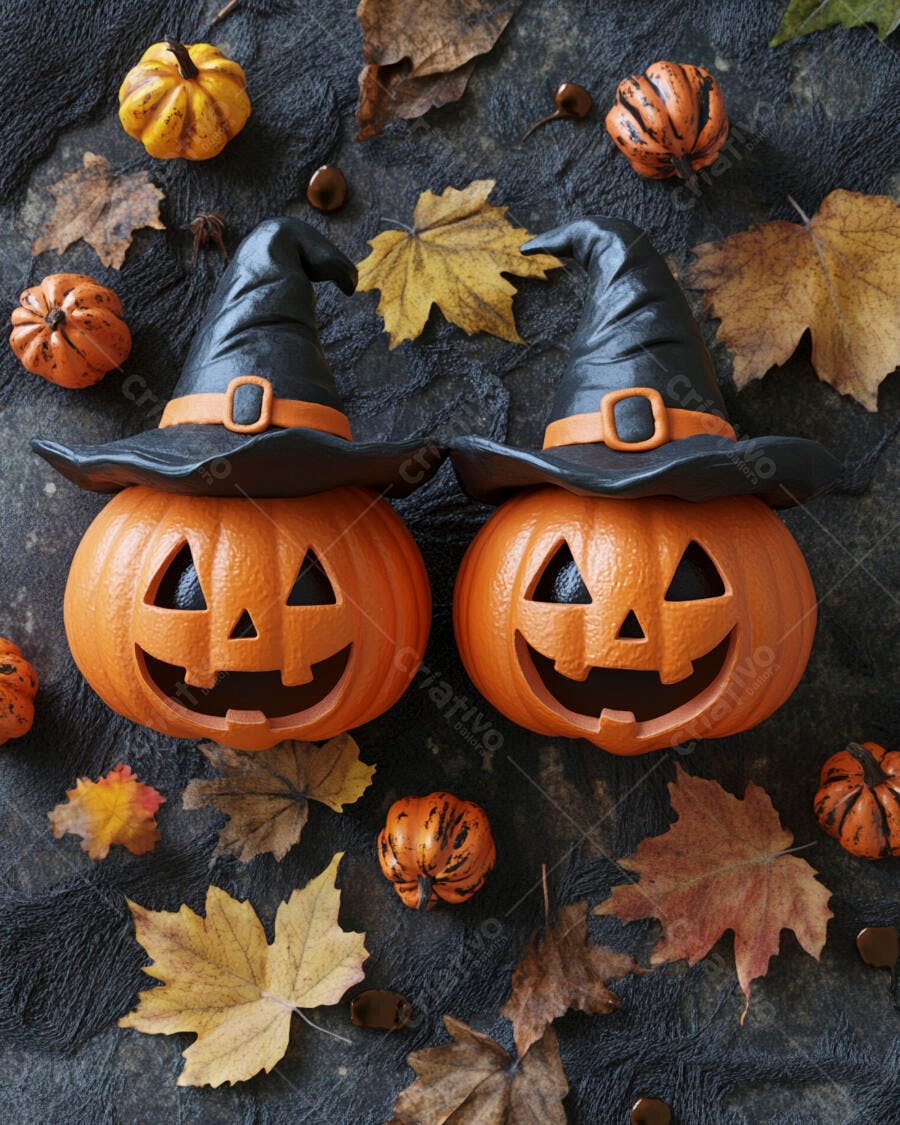 Abóboras de Halloween com chapéus de bruxa e folhas de outono decoração