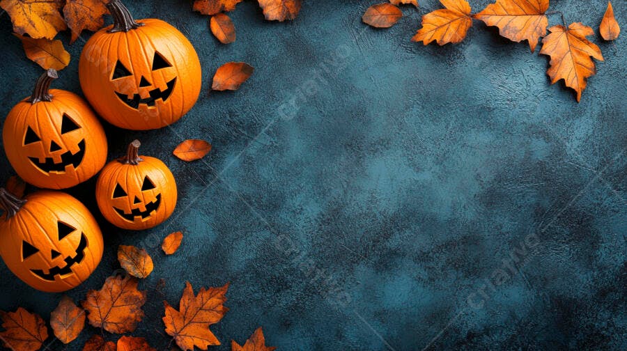 Foto Abóboras Halloween Folhas Outono Fundo Escuro