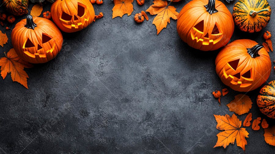 Foto Halloween Abóboras Jack-o'-lantern Folhas Outono Fundo Escuro