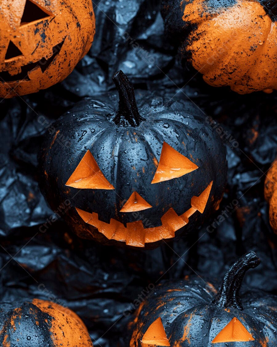 Foto Abóboras Halloween Esculpidas Pretas e Laranjas Escuras