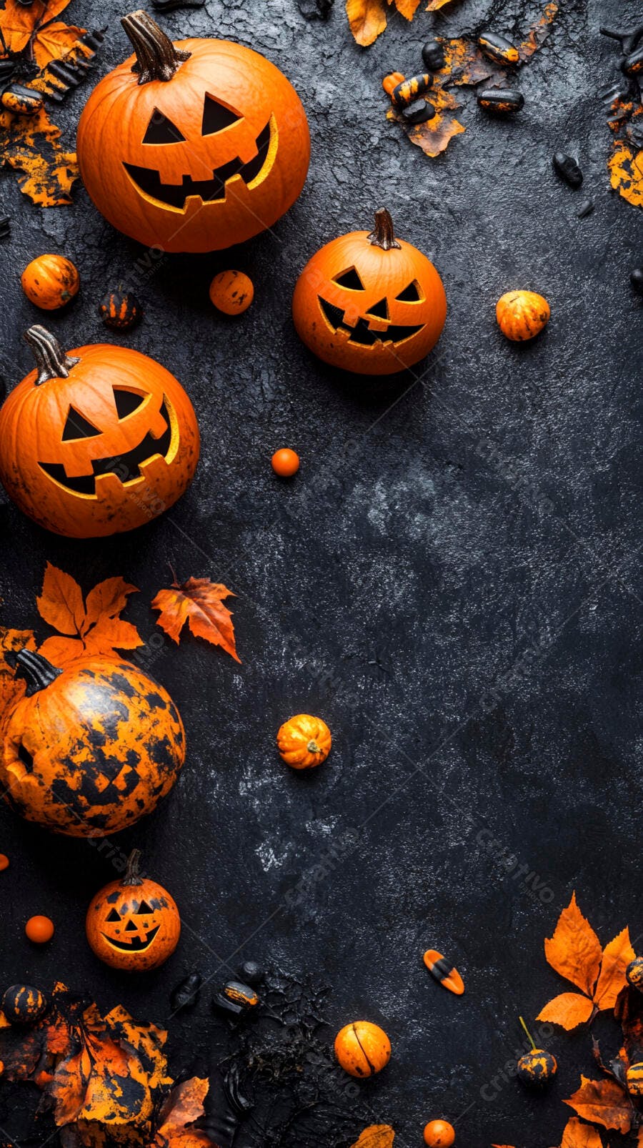 Foto Abóboras Halloween Carvadas Folhas Outono Fundo Escuro