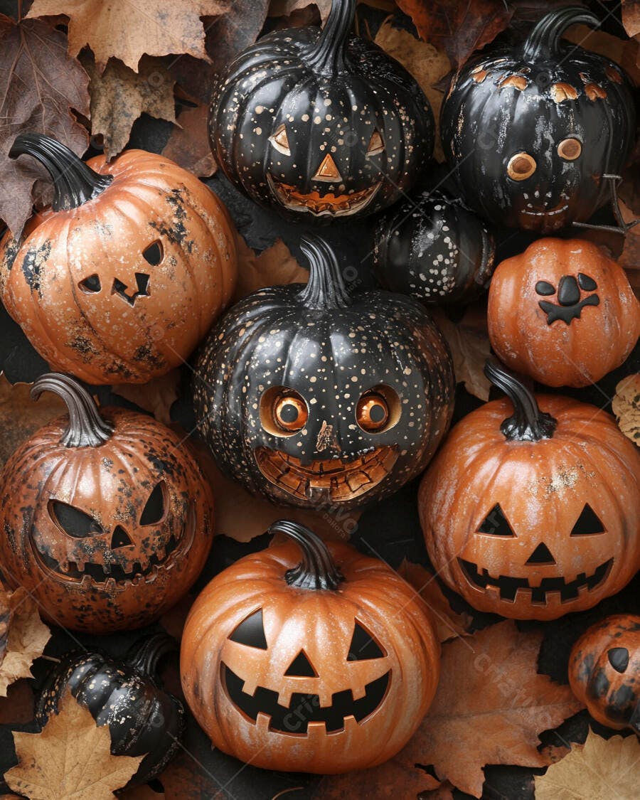 Foto Abóboras Halloween Jack-o'-lantern Folhas Secas Outono