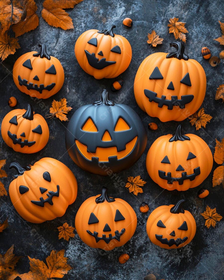 Foto Abóboras Halloween Fundo Escuro Folhas Outono