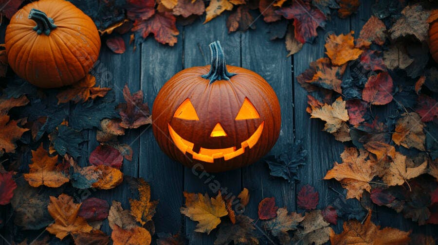 Foto Abóbora Halloween Iluminada Folhas Secas Outono Fundo Madeira