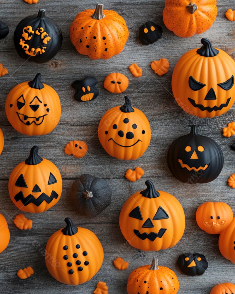 Foto Abóboras Halloween Decoração Laranja e Preto Fundo Madeira