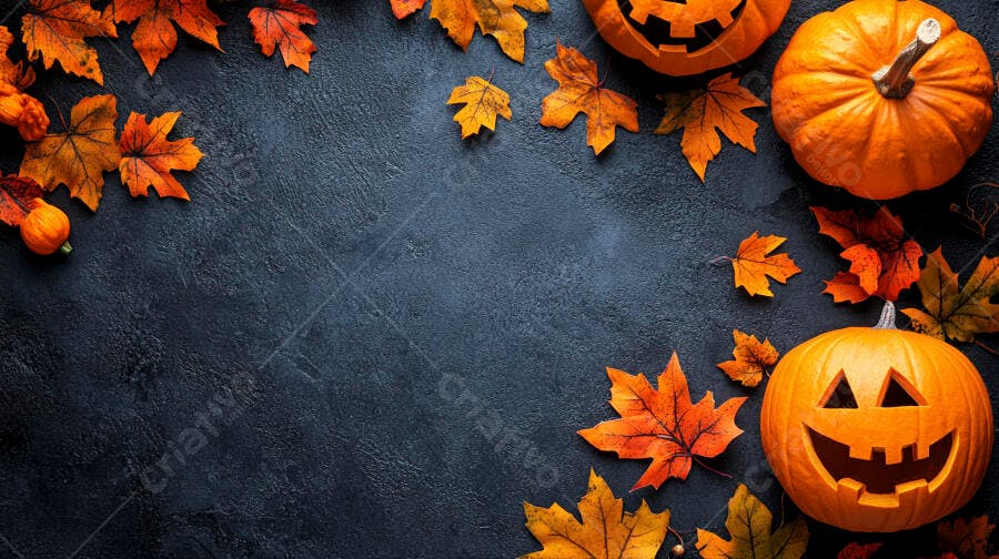 Foto Halloween Abóboras Folhas Outono Fundo Escuro