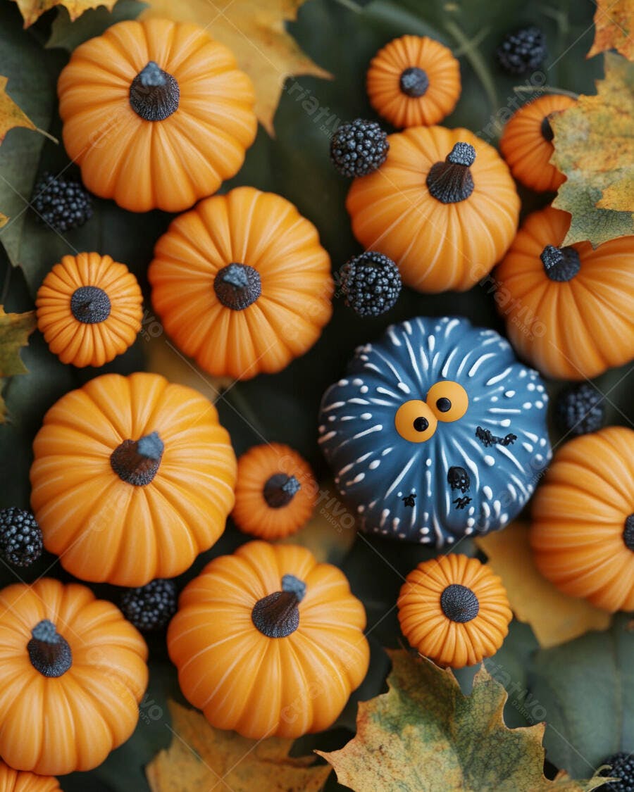 Foto Abóboras Decoradas Halloween Folhas Outono