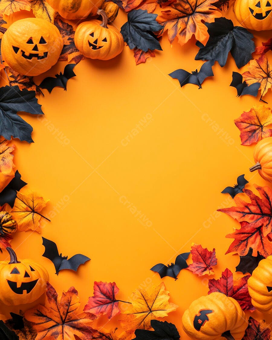 Foto Abóboras Halloween Folhas Outono Morcegos Fundo Laranja