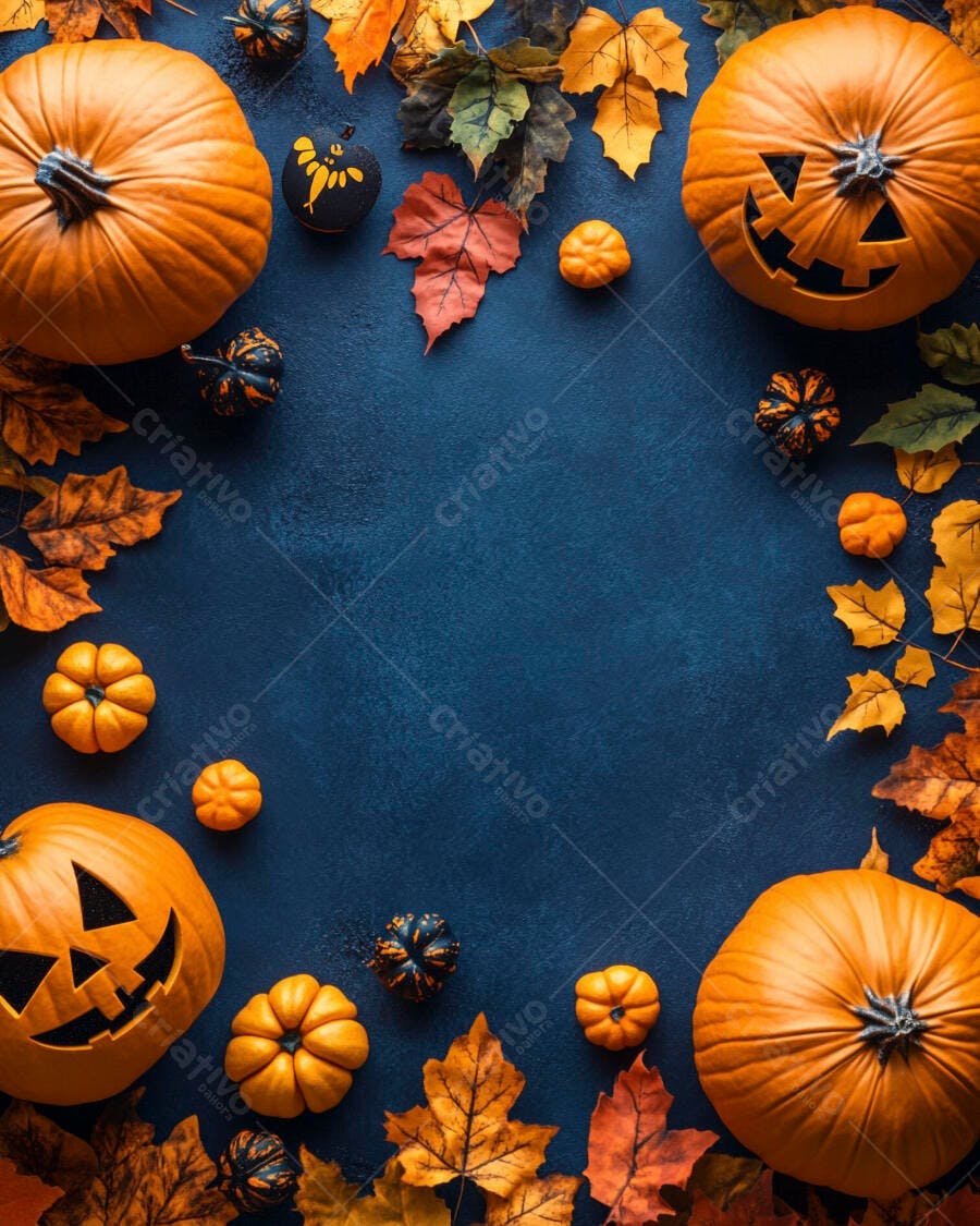 Foto Halloween Abóboras Folhas Outono Fundo Azul Escuro