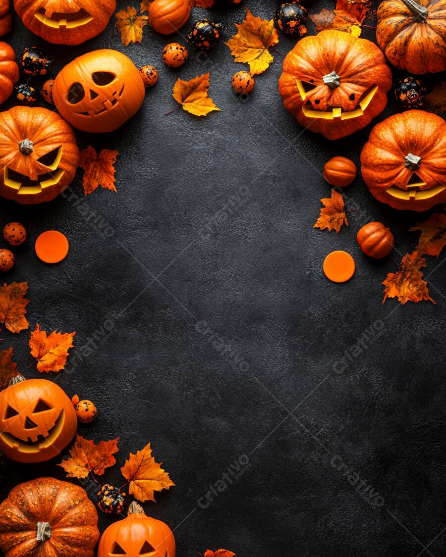 Foto Abóboras Halloween Folhas Outono Fundo Preto