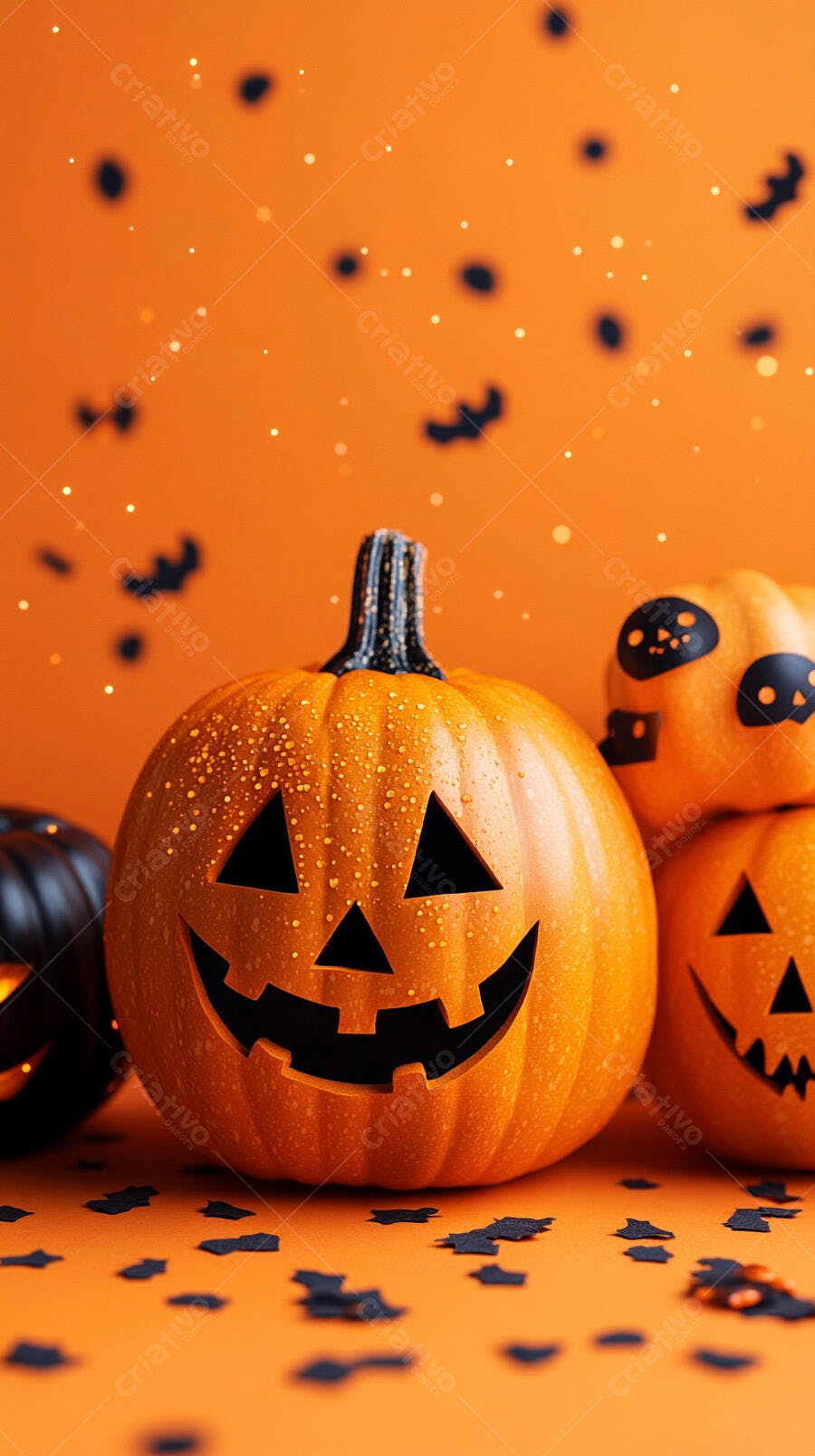 Foto Abóboras Halloween Jack-o'-lantern Fundo Laranja Confetes