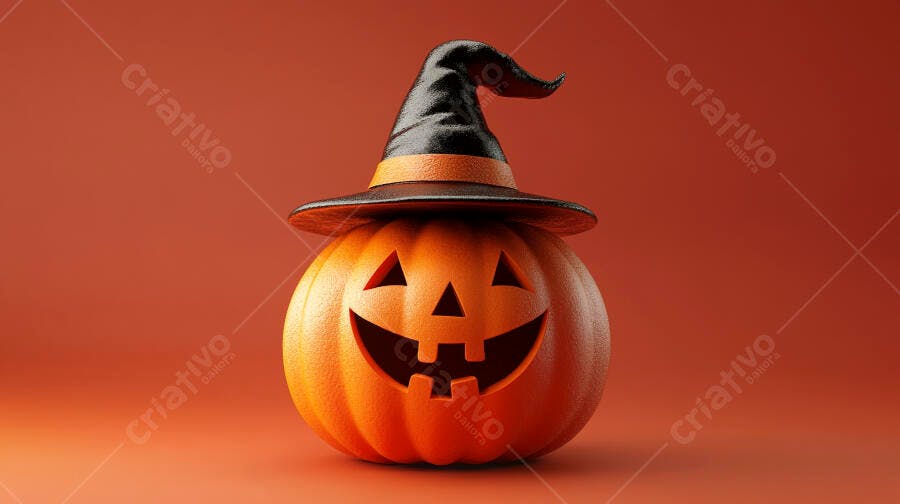 Foto Abóbora Halloween Chapéu de Bruxa Fundo Laranja
