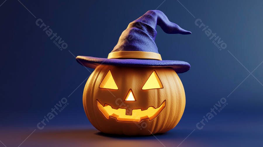 Foto Abóbora Halloween Chapéu de Bruxa Iluminada Fundo Escuro