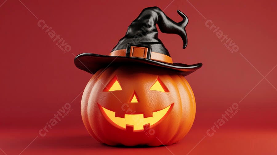 Foto Abóbora Halloween Chapéu de Bruxa Fundo Vermelho