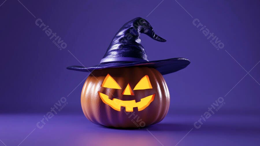 Foto Abóbora Halloween Chapéu de Bruxa Fundo Roxo Escuro