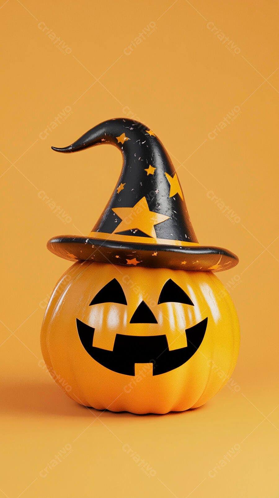 Foto Abóbora Halloween Chapéu de Bruxa Fundo Laranja Outubro