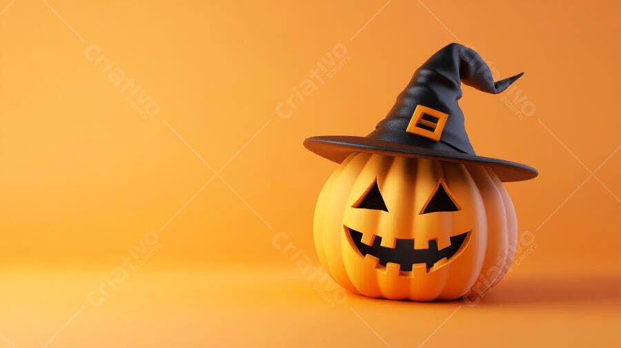 Foto Abóbora Halloween Chapéu de Bruxa Fundo Laranja