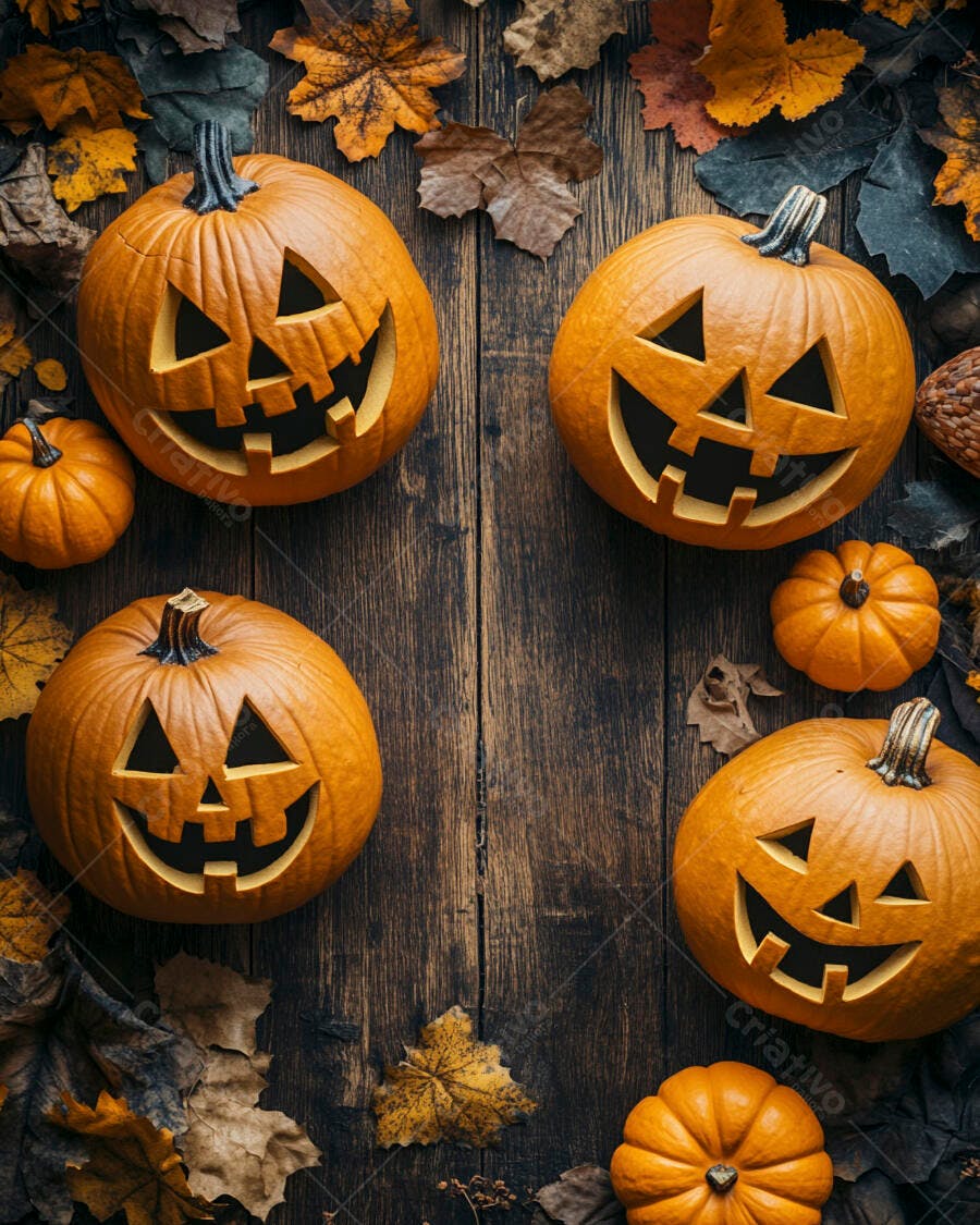 Foto Abóboras Halloween Entalhadas Folhas Outono Fundo Madeira