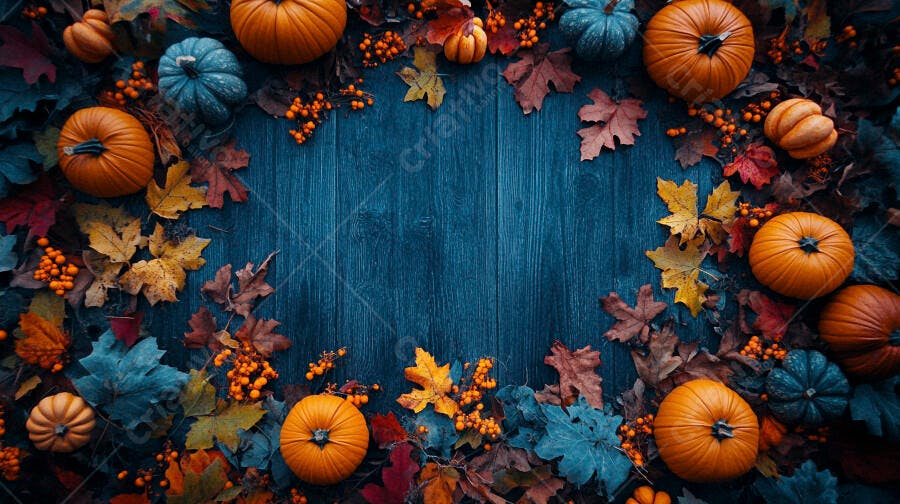 Foto Abóboras Folhas Outono Fundo Azul Escuro Halloween