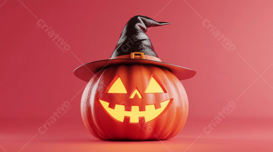 Foto Abóbora Halloween Chapéu de Bruxa Fundo Vermelho