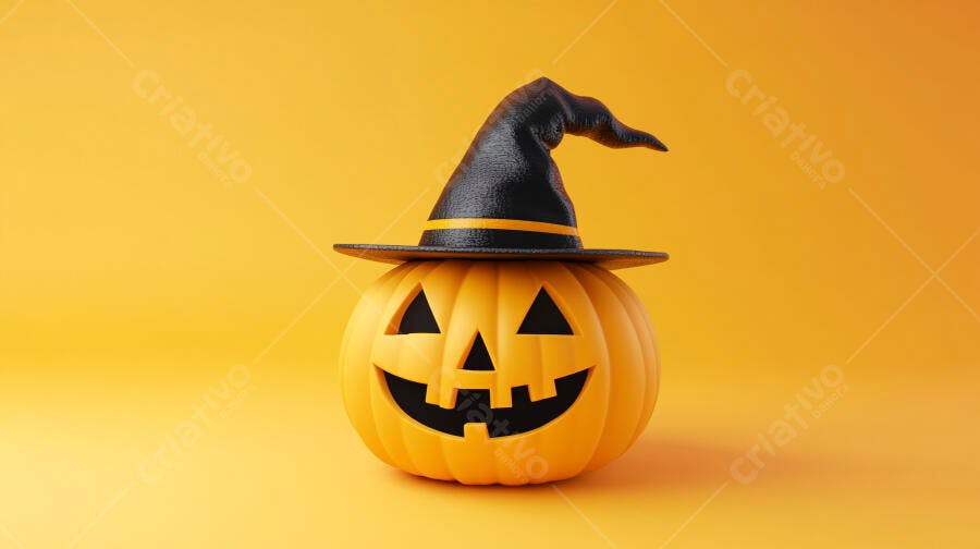 Foto Abóbora Halloween Chapéu de Bruxa Fundo Laranja