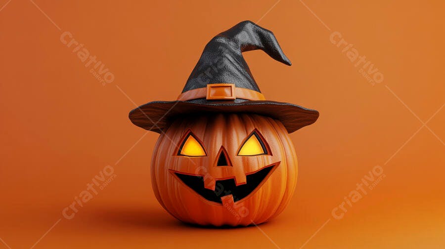 Foto Abóbora Halloween Chapéu de Bruxa Fundo Laranja