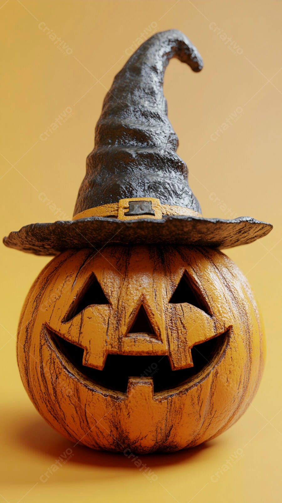 Foto Abóbora Halloween Chapéu de Bruxa Fundo Amarelo