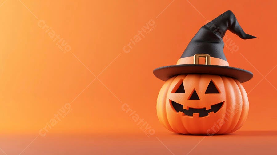 Foto Abóbora Halloween Chapéu de Bruxa Fundo Laranja