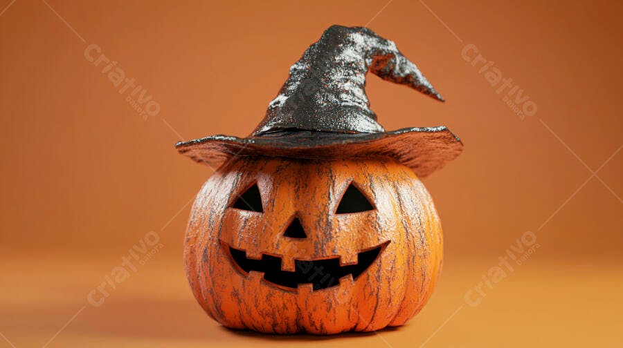 Foto Abóbora Halloween Chapéu Bruxa Fundo Laranja Escuro