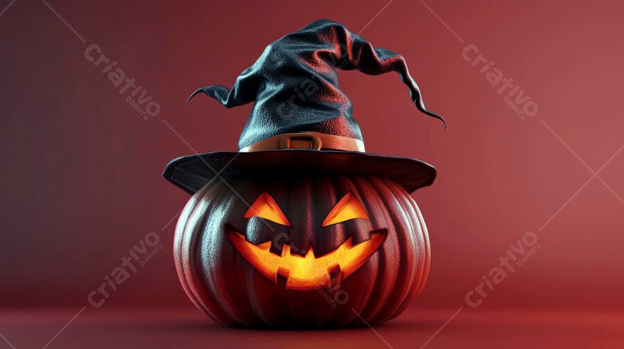 Foto Abóbora Halloween Chapéu Bruxa Iluminada Fundo Vermelho