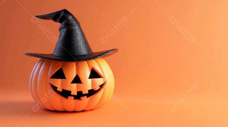 Foto Abóbora Halloween Chapéu de Bruxa Fundo Laranja