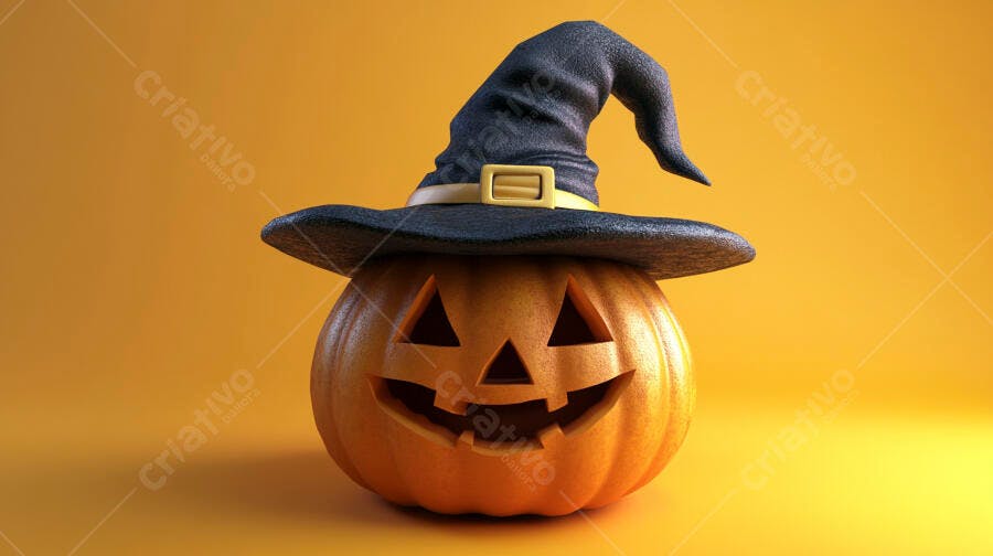 Foto Abóbora Halloween Chapéu de Bruxa Fundo Laranja