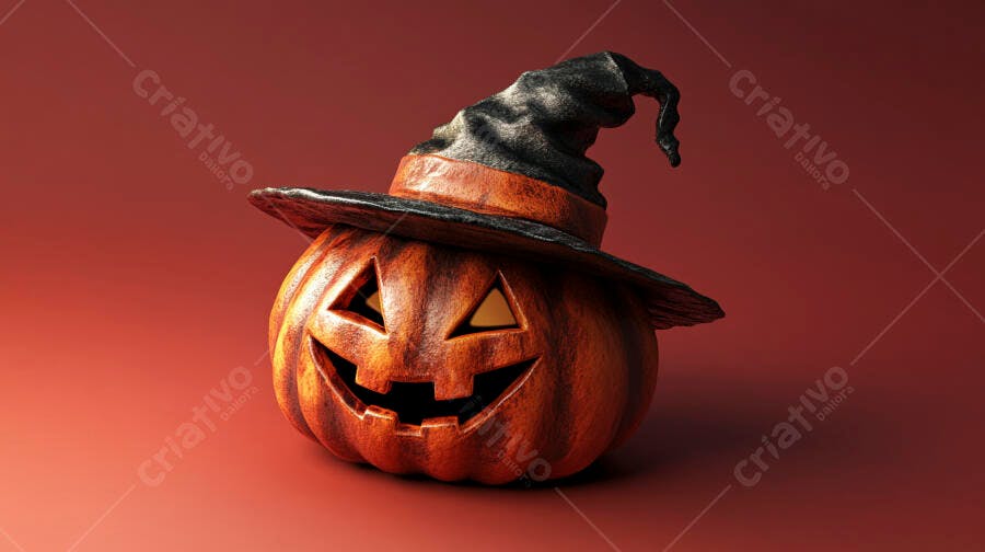 Abóbora Halloween com Chapéu de Bruxa Fundo Vermelho Escuro
