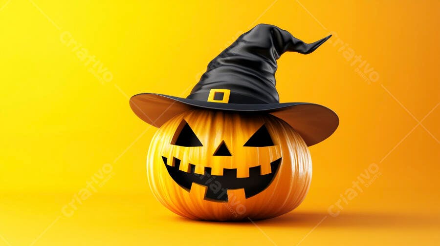 Foto Abóbora de Halloween com Chapéu de Bruxa Fundo Laranja