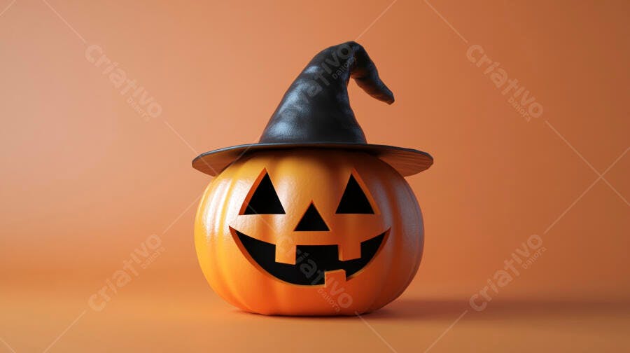 Foto Abóbora Halloween Chapéu de Bruxa Fundo Laranja