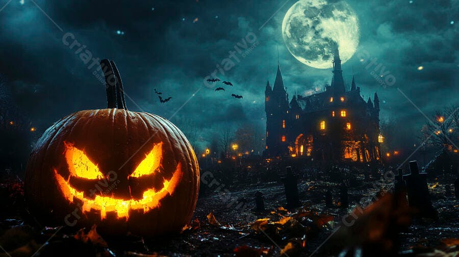 Foto Abóbora Halloween Iluminada Castelo Assustador Noite de Lua Cheia