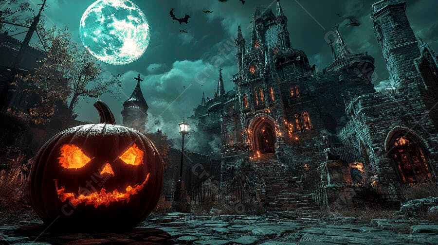 Foto Abóbora Halloween Iluminada Castelo Assombrado Noite de Lua Cheia