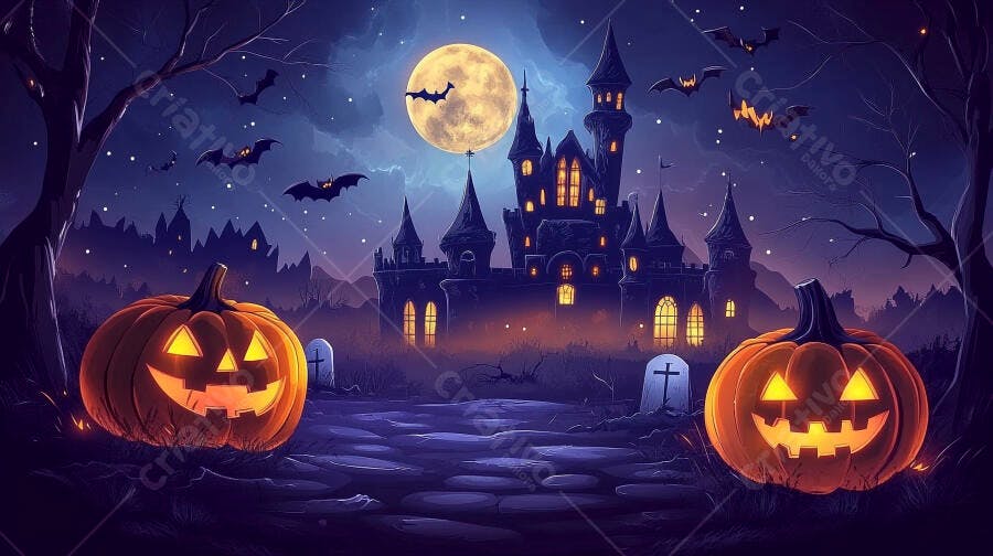 Ilustração Halloween Castelo Abóboras Lua Cheia Noite
